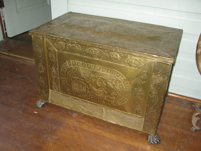 Appraisal: Ornate Pressed Brass Wood Box hand punched with a double