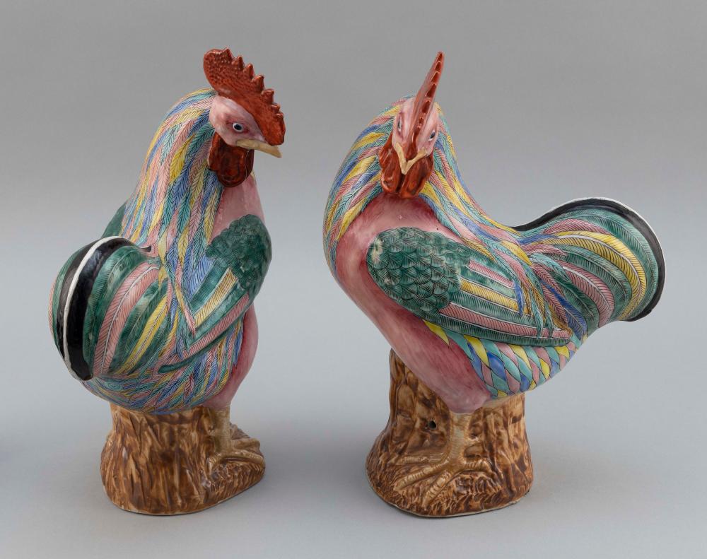 Appraisal: PAIR OF FAMILLE ROSE PORCELAIN ROOSTERS EARLY TH CENTURY HEIGHTS