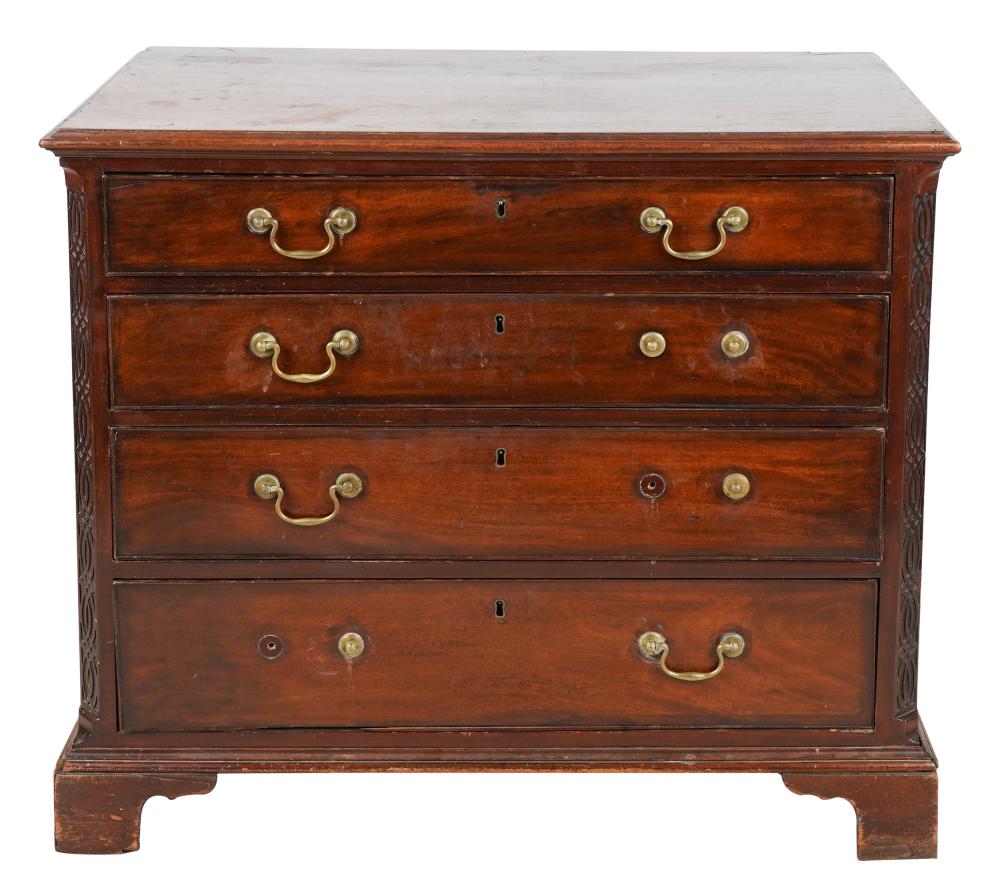 Appraisal: GEORGIAN CARVED SECRETARY CHEST OF DRAWERSwith blind fretwork angles flanking