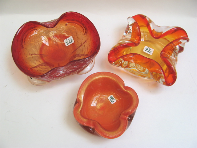 Appraisal: THREE MURANO ART GLASS BOWLS a squared bowl having inward