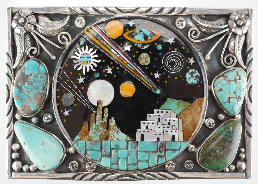 Appraisal: Native American style sterling silver belt buckle featuring a nightscape