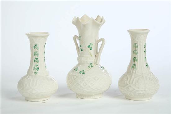 Appraisal: THREE BELLEEK VASES In a Shamrock pattern A similar pair