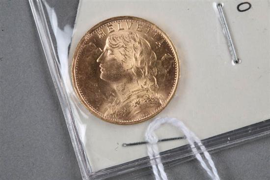 Appraisal: SWISS GOLD COIN Twenty franc coin