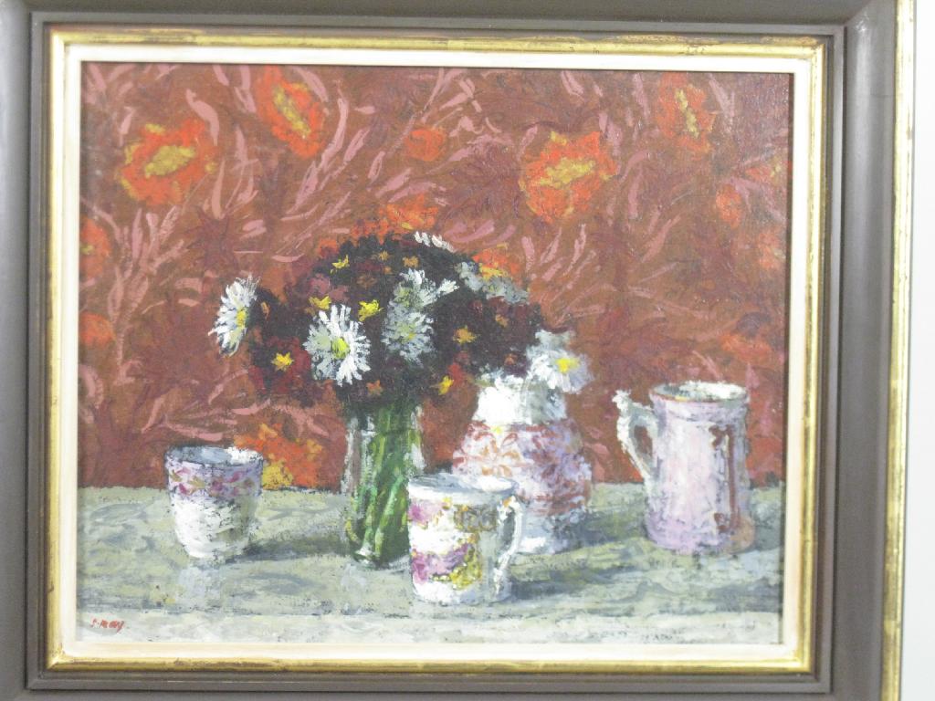 Appraisal: STUART RAY A Still Life of Polyanthus and Daisies oil