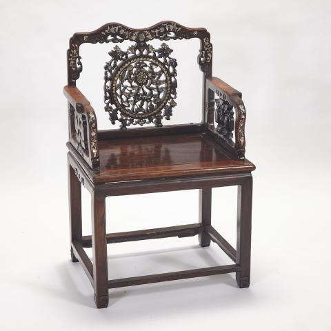 Appraisal: Carved Desk and Mother of Pearl Inlaid Chair Condition Few