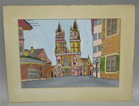 Appraisal: EMERIK FEJES YUGOSLAVIAN - BASEL CATHEDRAL Gouache on paper x