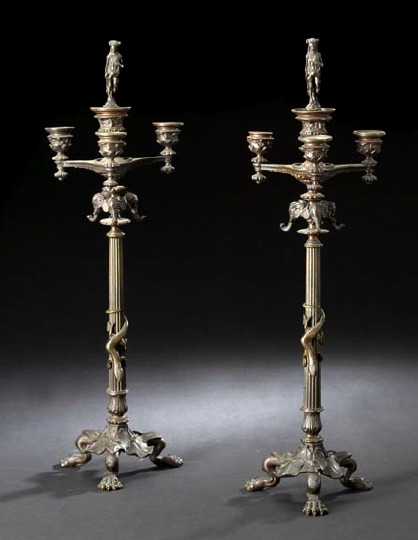 Appraisal: Attractive Pair of French Patinated Bronze Four-Light Candelabra in the