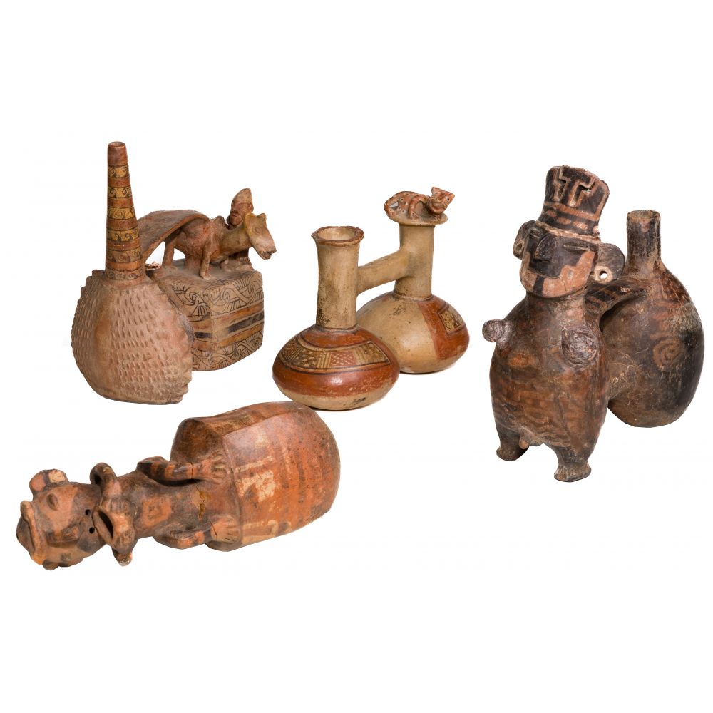 Appraisal: PRE-COLUMBIAN SOUTH AMERICAN DOUBLE-CHAMBERED CERAMIC WHISTLE VESSEL ASSORTMENT vessels from