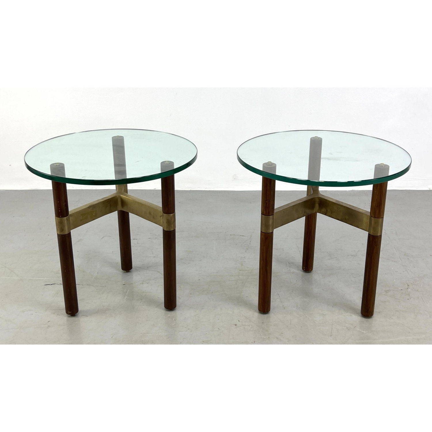 Appraisal: Pr Designer Brass and Wood Side Tables Tripod Wood Bases