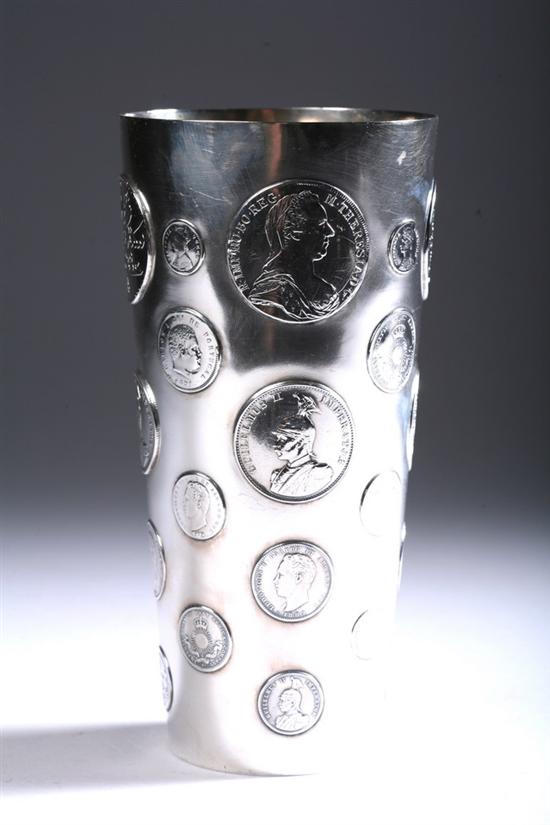 Appraisal: POLISH SILVER TUMBLER IMPRESSED WITH VARIOUS COINS early th century