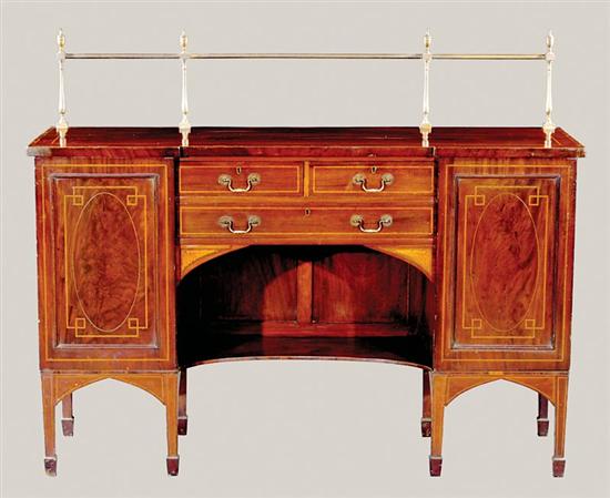 Appraisal: Edwardian inlaid mahogany breakfront sideboard circa shaped top surmounted by