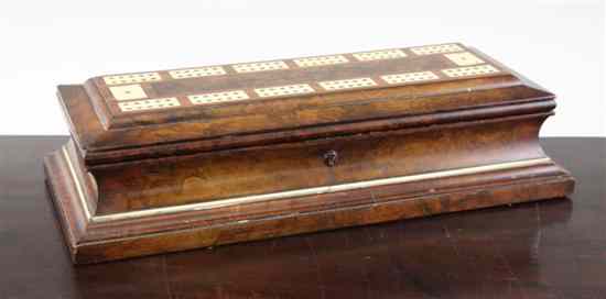 Appraisal: A Victorian ivory inlaid walnut cribbage board box x in