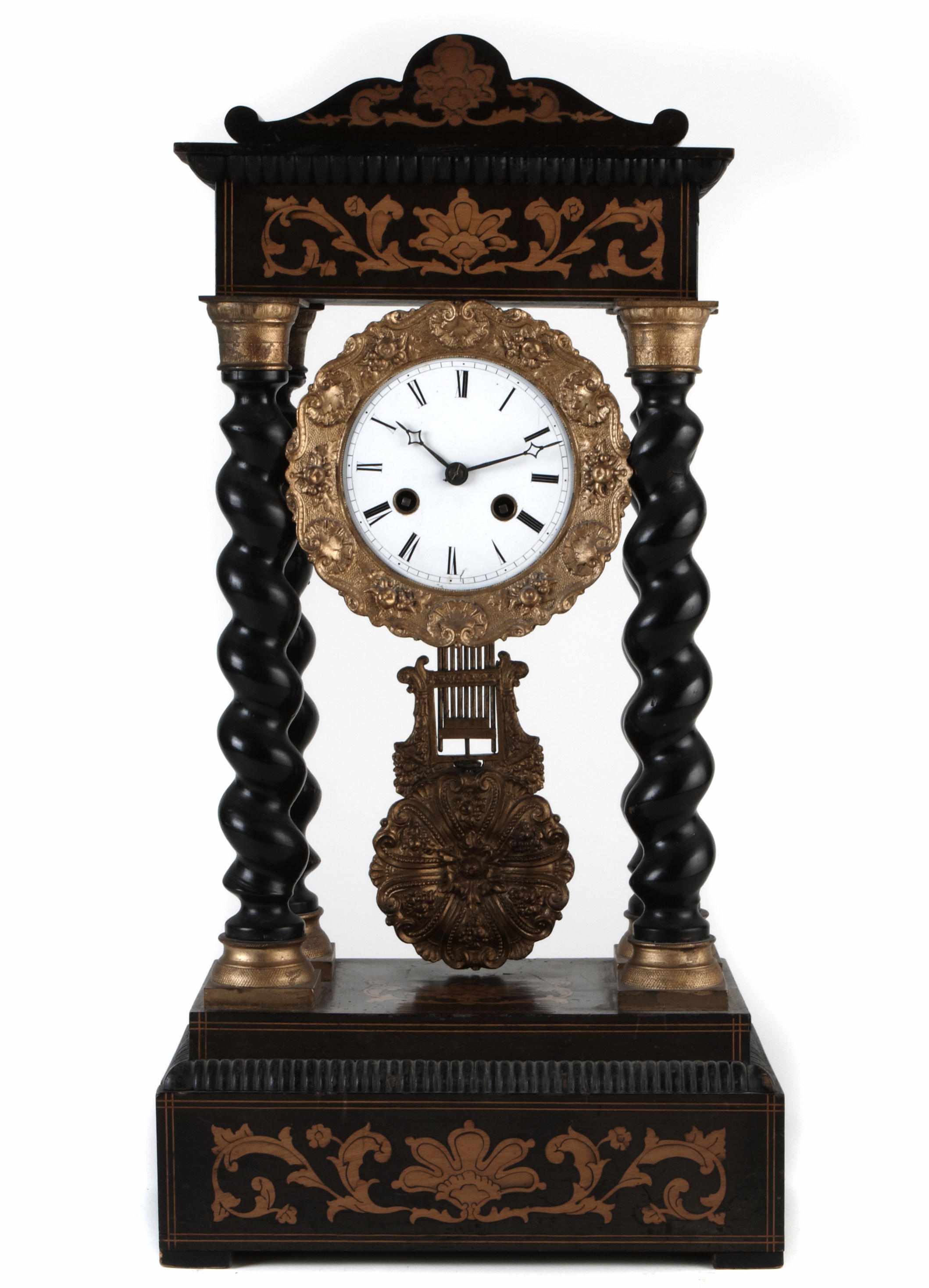 Appraisal: A French ebonized and marquetry shelf clock height in width