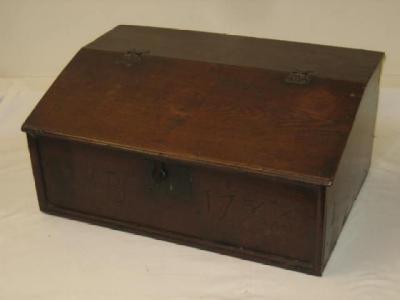 Appraisal: AN OAK DESK BOX the hinged sloping lid with wrought