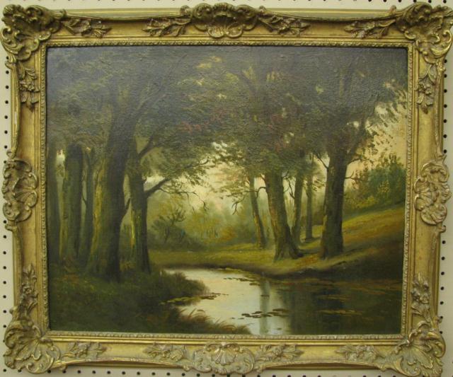 Appraisal: Vintage Decorator Oil Painting depicting a wooded stream in a