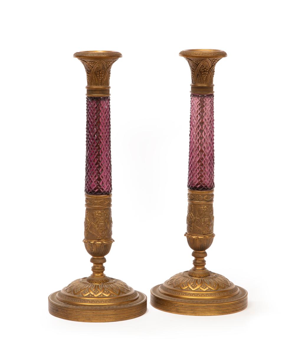 Appraisal: Pair of American Brass and Amethyst Glass Candlesticks th c