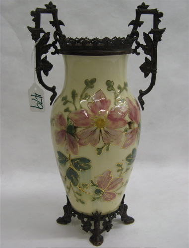 Appraisal: CONTINENTAL BRONZE AND POTTERY VASE urn form hand enameled floral