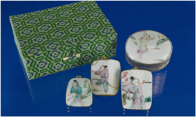 Appraisal: Chinese Porcelain Topped White Metal Oval Pill Box and Pendants