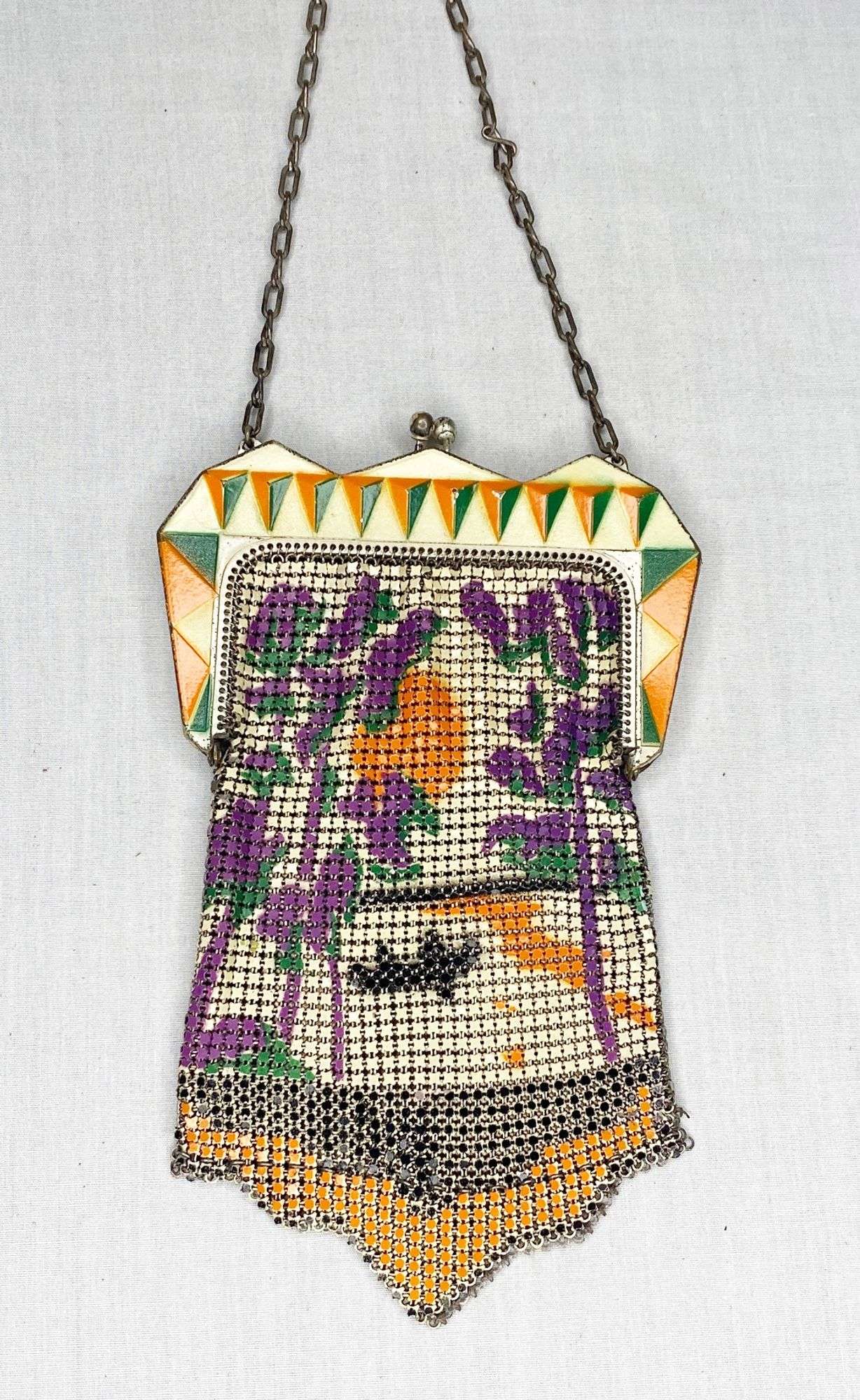 Appraisal: Art Deco Enameled Mesh Hand Bag with Boating scene long