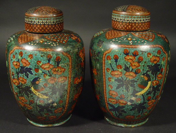 Appraisal: Large pair of Oriental cloisonne jars and covers enamelled with