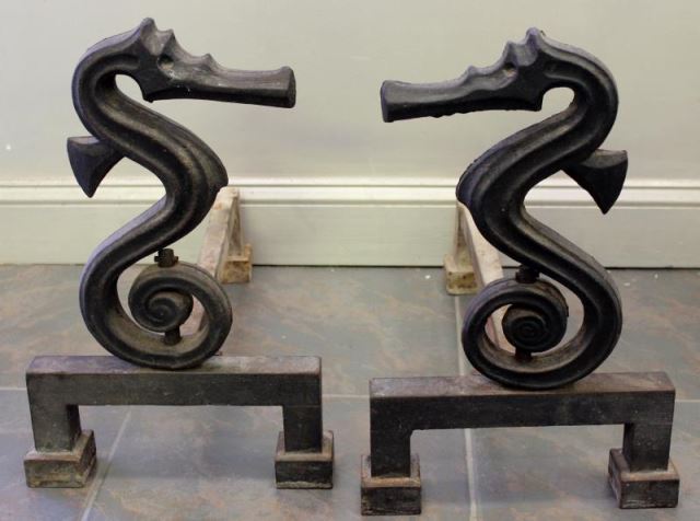 Appraisal: Pair of Vintage Cast Iron Sea Horse Andirons From a