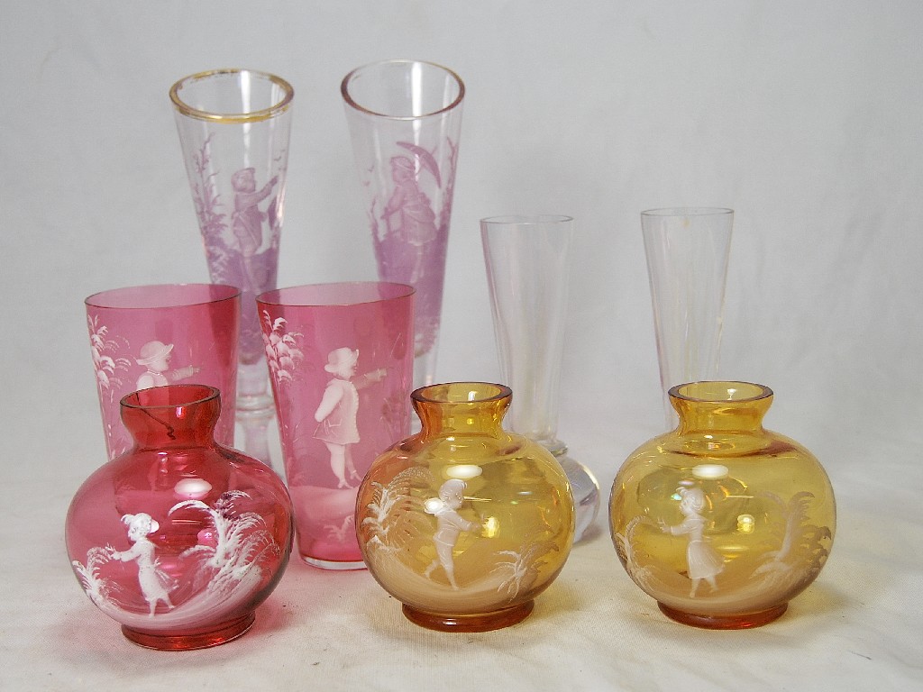 Appraisal: Seven pieces of Mary Gregory style coloured glass and a