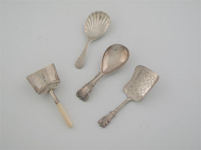 Appraisal: Four caddy spoons an ivory handled scoop by S Pemberton