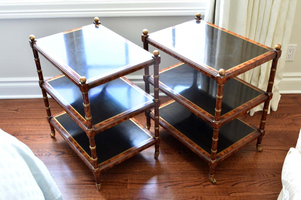 Appraisal: PAIR OF FAUX BURL WALNUT THREE-TIERED SIDE TABLESModern Decorated to