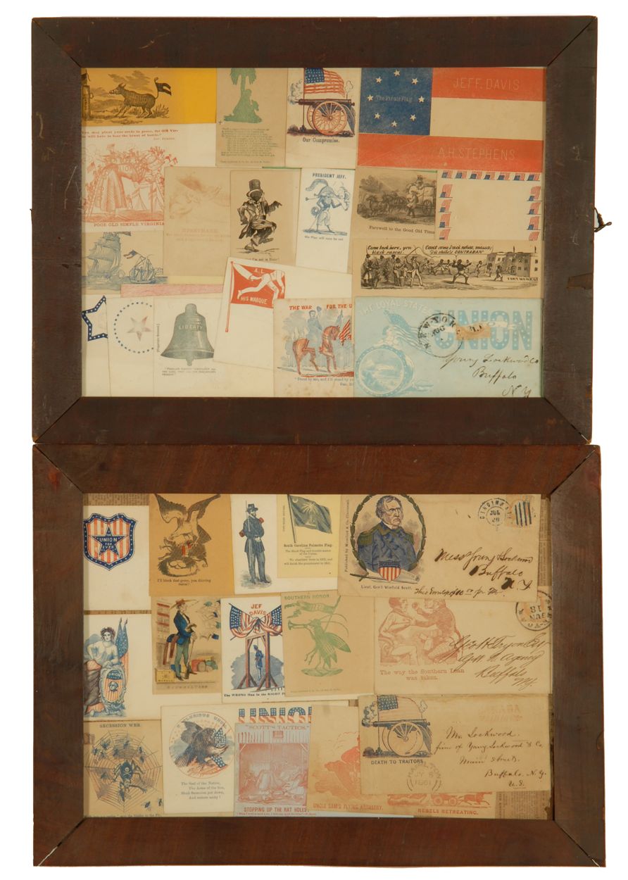 Appraisal: PAIR OF FRAMED CIVIL WAR ENVELOPE COLLAGES Displaying pictorial envelopes