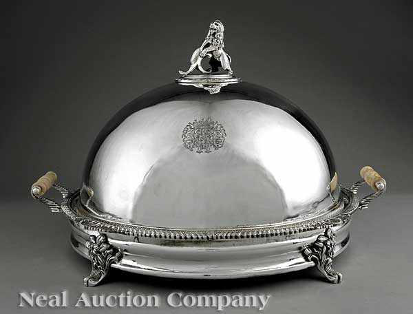 Appraisal: A Pair of Regency-Style Silverplate Meat Domes with Warming Stands