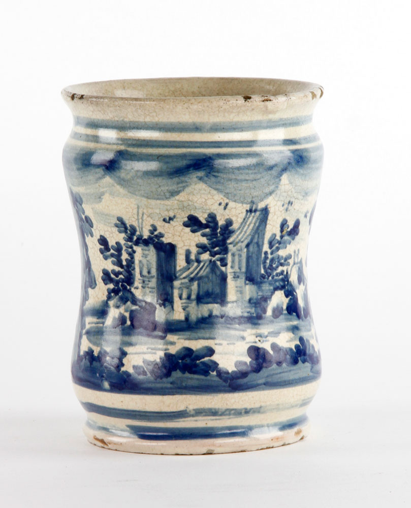 Appraisal: - Early Delft-Style Pottery Jar Early Delft-style pottery waisted cylindrical