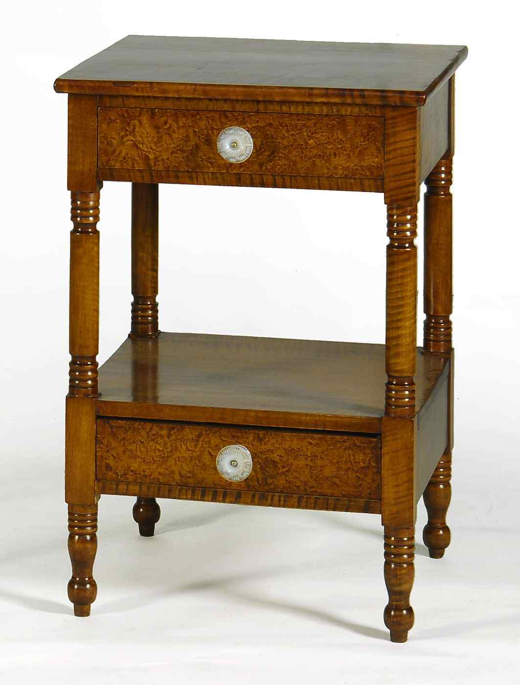 Appraisal: ANTIQUE AMERICAN SHERATON TWO-DRAWER STANDCirca In tiger maple Bird's-eye maple