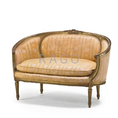 Appraisal: LOUIS XVI STYLE LOVESEAT Gilded frame loose cushion th c