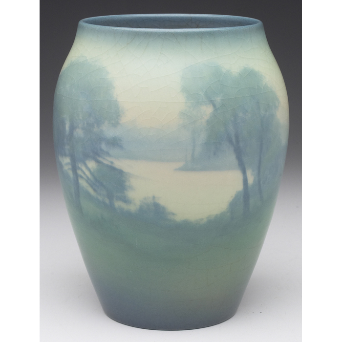 Appraisal: Good Rookwood vase Vellum glaze nicely painted river landscape with