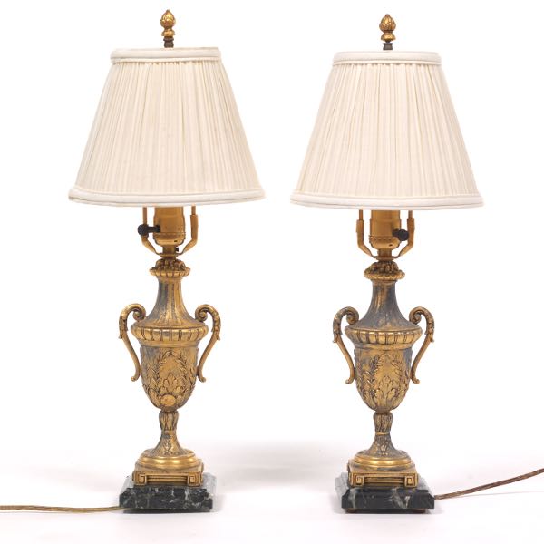 Appraisal: PAIR OF SMALL BEDSIDE LAMPS Gold tone painted metal urn-shaped