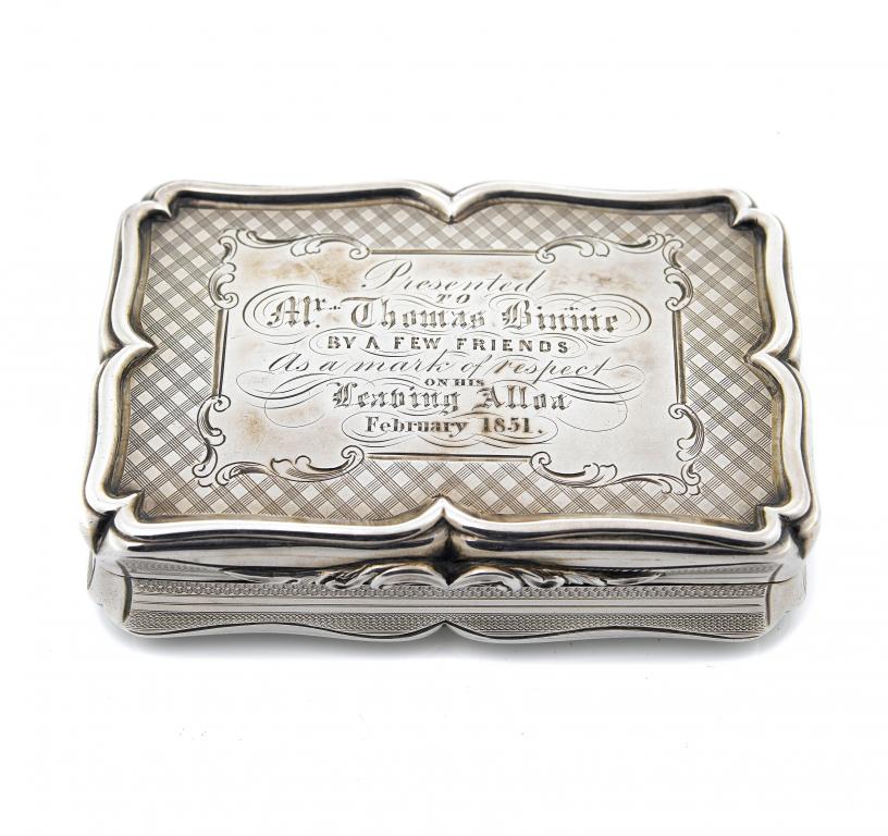 Appraisal: A VICTORIAN SILVER TESTIMONIAL SNUFF BOX the lid and underside