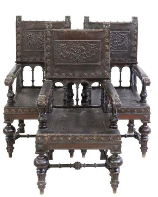 Appraisal: lot of Spanish Renaissance Revival carved wood armchairs late th