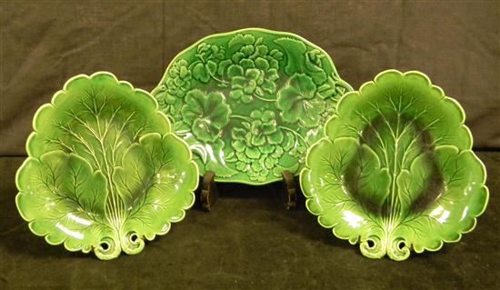 Appraisal: Three Majolica green dishes pair scalloped edge three leaf and