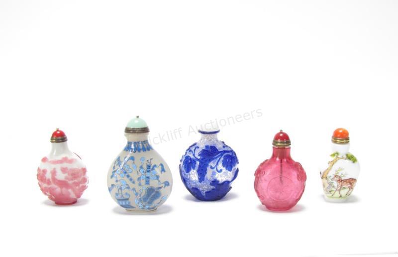 Appraisal: Group of Oriental Snuff Bottles five total including large stone