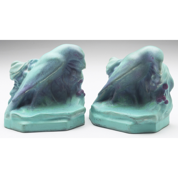 Appraisal: Rare Rookwood bookends pair Rooks covered in an unusual turquoise