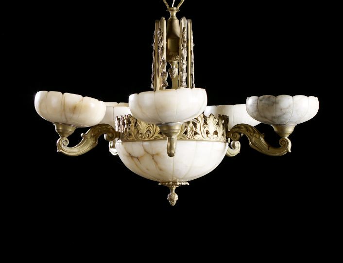 Appraisal: French Art Deco Matte Brass-Mounted Alabaster Five-Light Chandelier first half