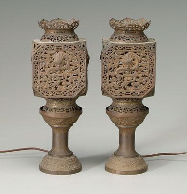 Appraisal: Pair Chinese copper lamps openwork shades with dragons and pearls