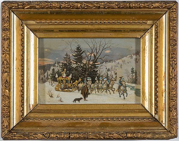 Appraisal: SMALL RUSSIAN SCENE ON PANEL appears to be chromolithograph accented