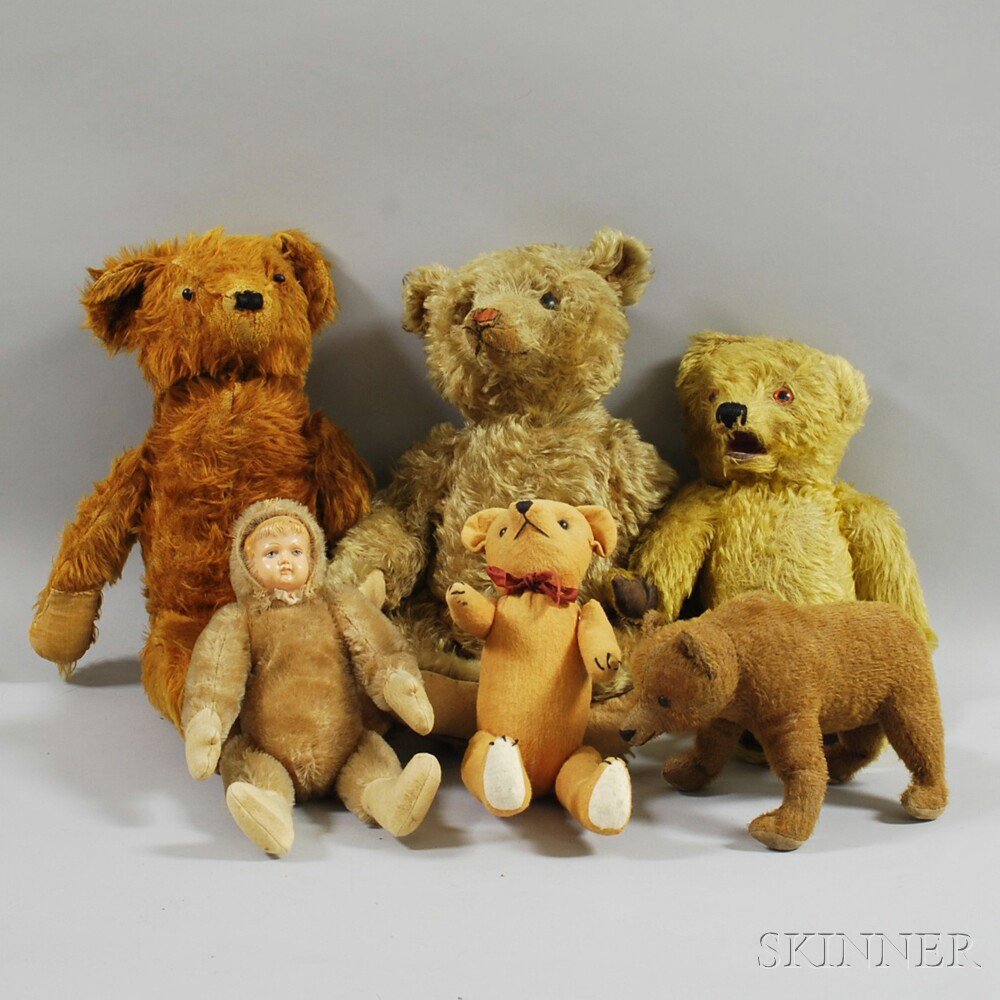 Appraisal: Six Vintage Mohair Teddy Bears and Toys lacking any labels