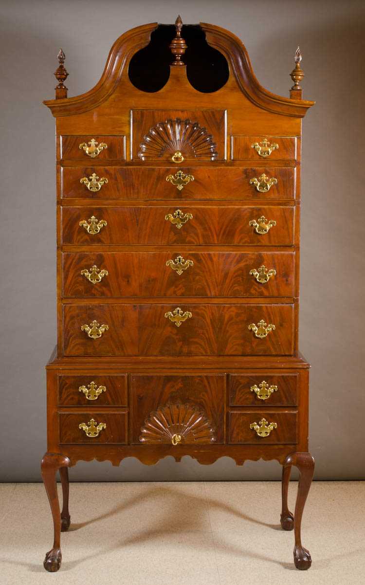 Appraisal: QUEEN ANNE STYLE FAN-CARVED AND FIGURED MAHOGANY HIGH CHEST OF