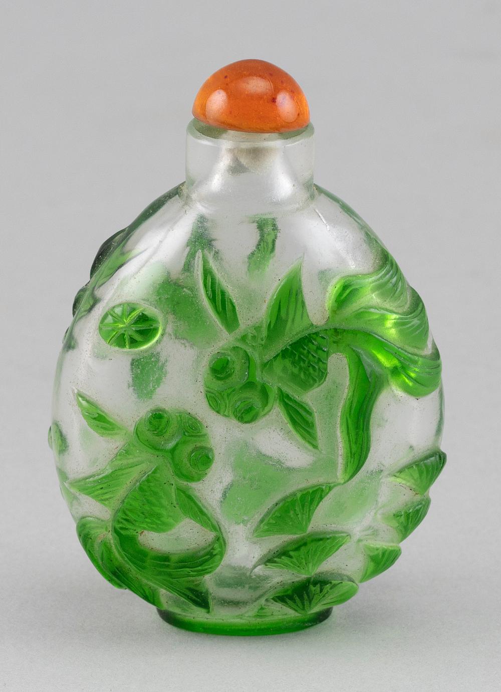 Appraisal: CHINESE GREEN-CUT-TO-CLEAR OVERLAY GLASS SNUFF BOTTLE LATE TH EARLY TH