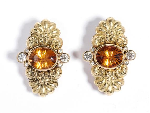 Appraisal: GOLD CITRINE AND DIAMOND EAR CLIPS Yellow gold g Attractive