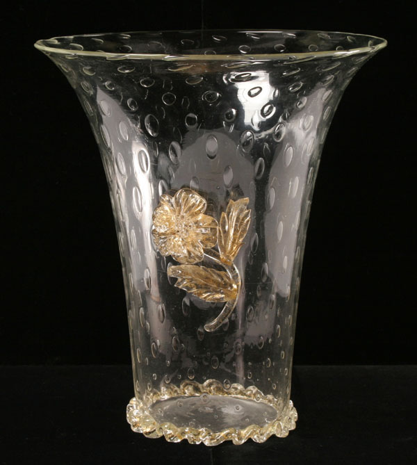 Appraisal: Barovier Clear Gold Art Glass Vase Applied Flower H x