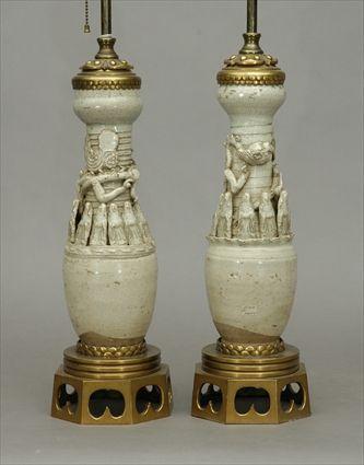 Appraisal: Pair of Chinese Celadon-Glazed Earthenware Vases Mounted as Lamps Each