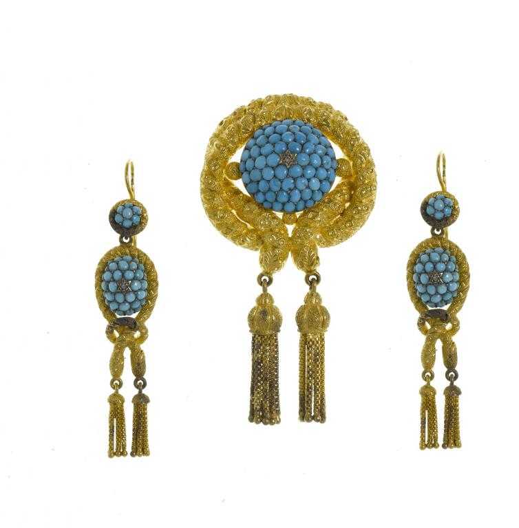 Appraisal: A VICTORIAN DIAMOND TURQUOISE AND GOLD DEMI PARURE with domed